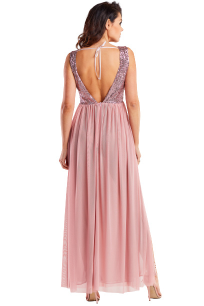 Sukienka elegancka maxi na ramiączkach odkryte plecy cekiny różowa